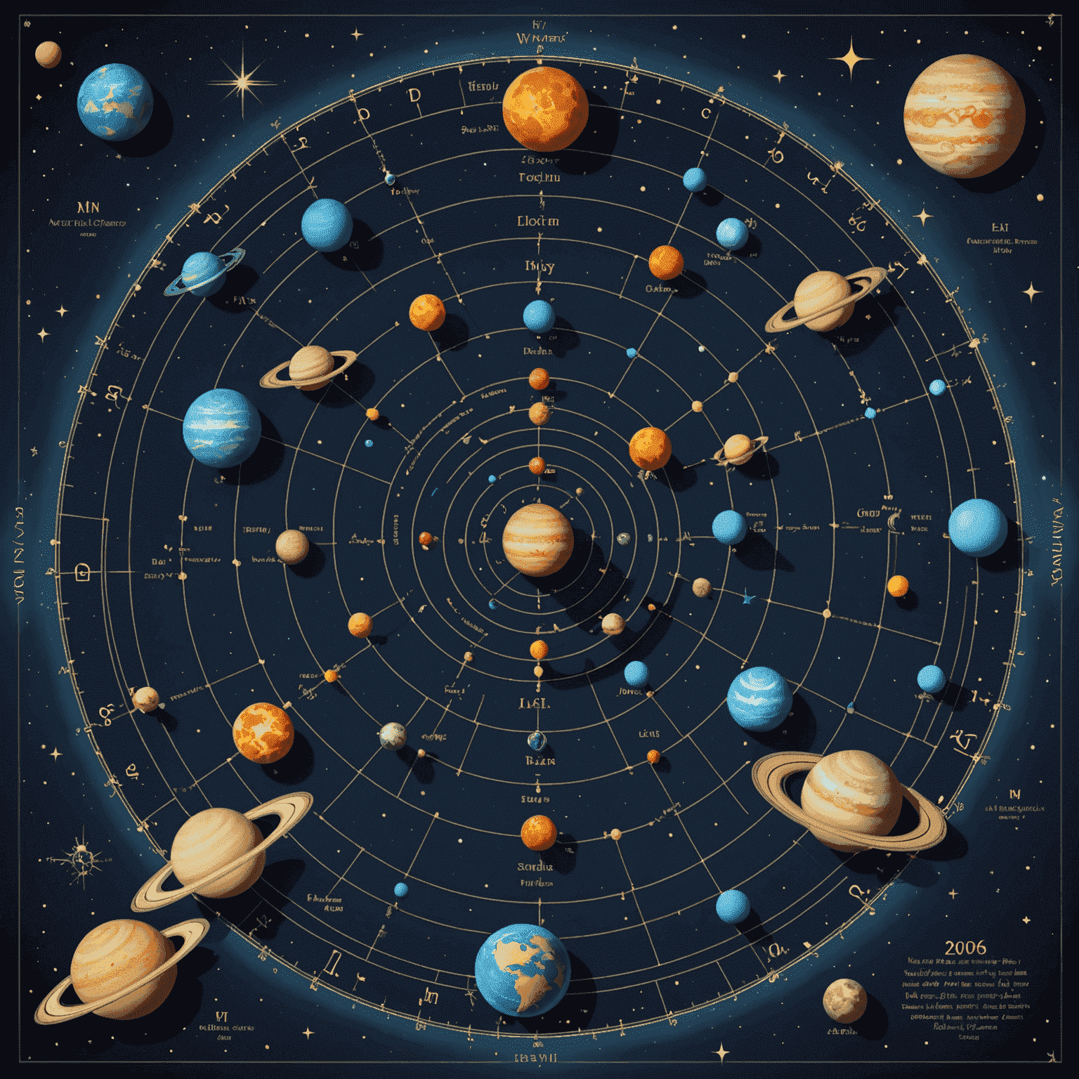 Mapa nieba z zaznaczonymi pozycjami planet i znakami zodiaku